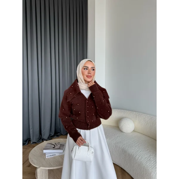 Boncuk Detaylı Mini Hırka - Acı Kahve