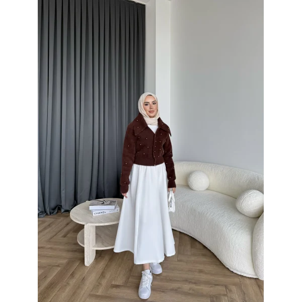 Boncuk Detaylı Mini Hırka - Acı Kahve