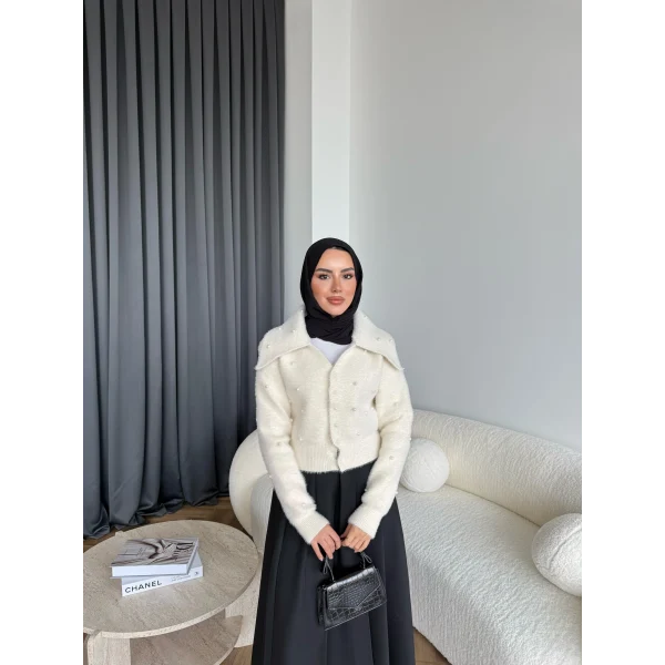 Boncuk Detaylı Mini Hırka - Ekru