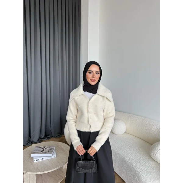 Boncuk Detaylı Mini Hırka - Ekru