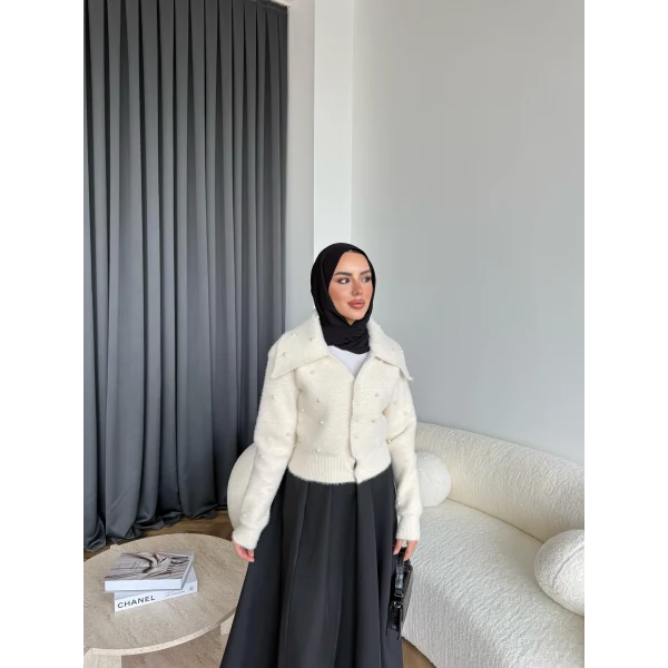 Boncuk Detaylı Mini Hırka - Ekru