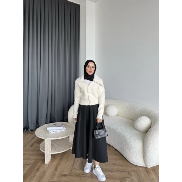 Boncuk Detaylı Mini Hırka - Ekru