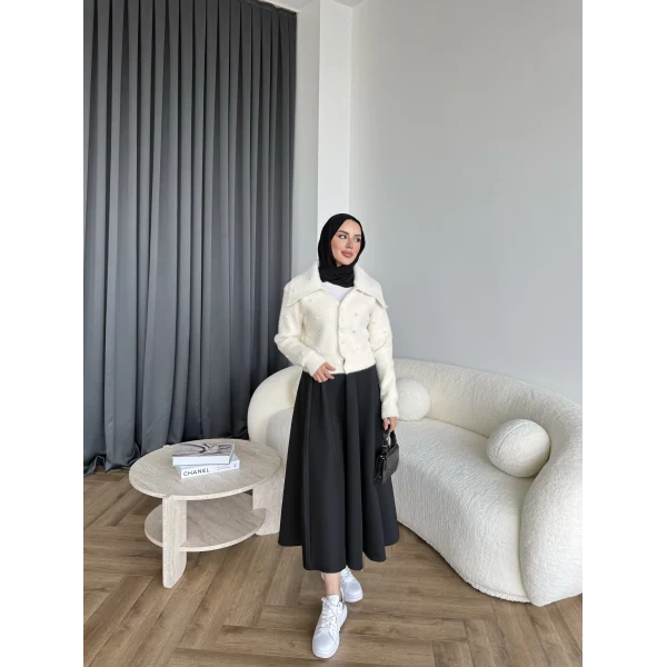 Boncuk Detaylı Mini Hırka - Ekru