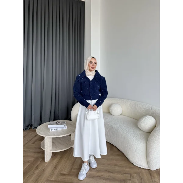 Boncuk Detaylı Mini Hırka - Lacivert