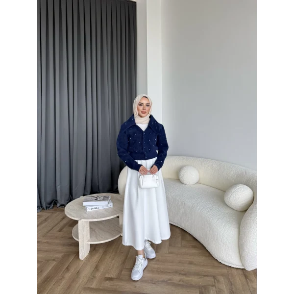 Boncuk Detaylı Mini Hırka - Lacivert