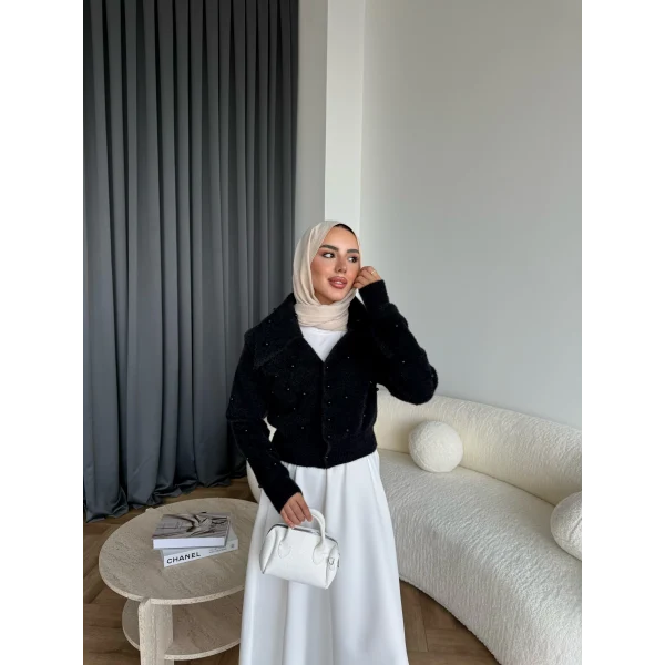 Boncuk Detaylı Mini Hırka - Siyah