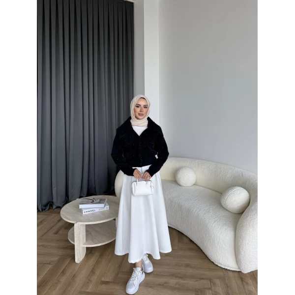 Boncuk Detaylı Mini Hırka - Siyah