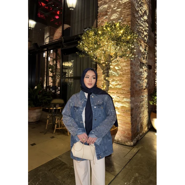 Borona Taş Detaylı Kot Ceket