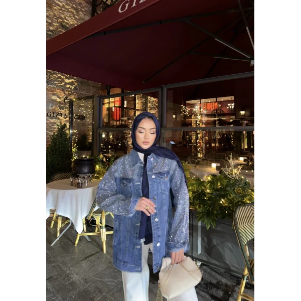 Borona Taş Detaylı Kot Ceket