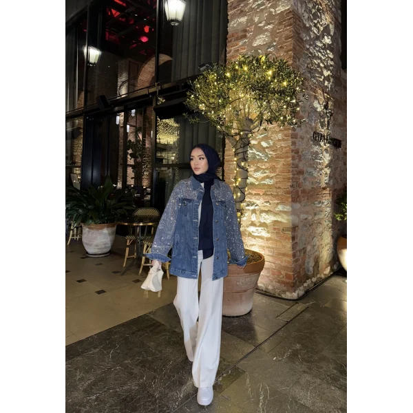 Borona Taş Detaylı Kot Ceket