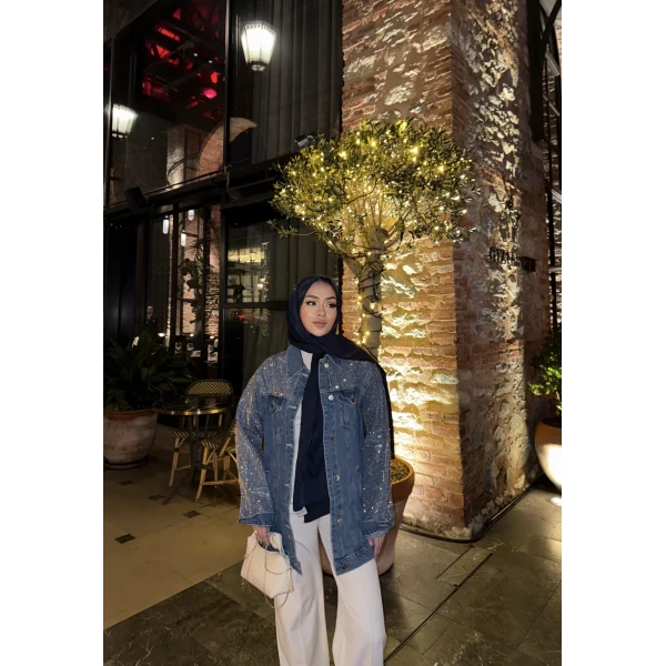 Borona Taş Detaylı Kot Ceket