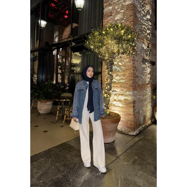 Borona Taş Detaylı Kot Ceket