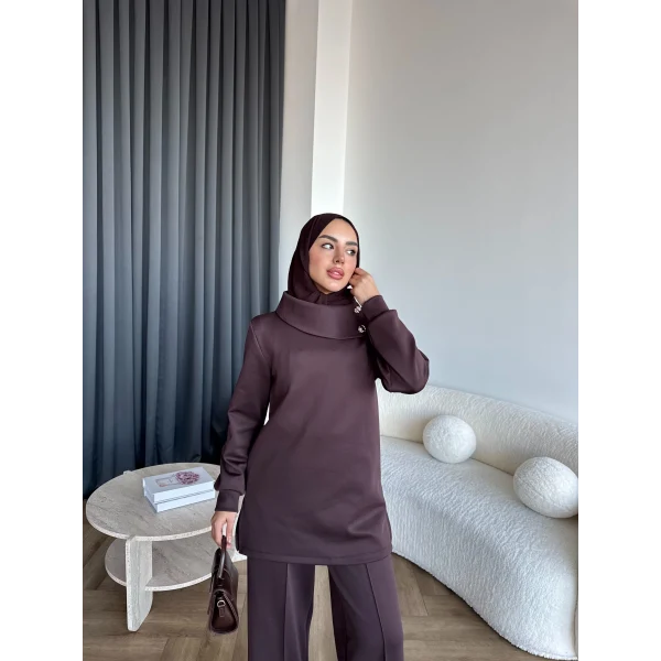 Btç-Freyi Gold Düğme Detay Scuba Takım - Kahve