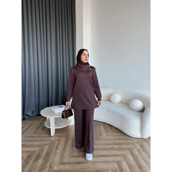 Btç-Freyi Gold Düğme Detay Scuba Takım - Kahve