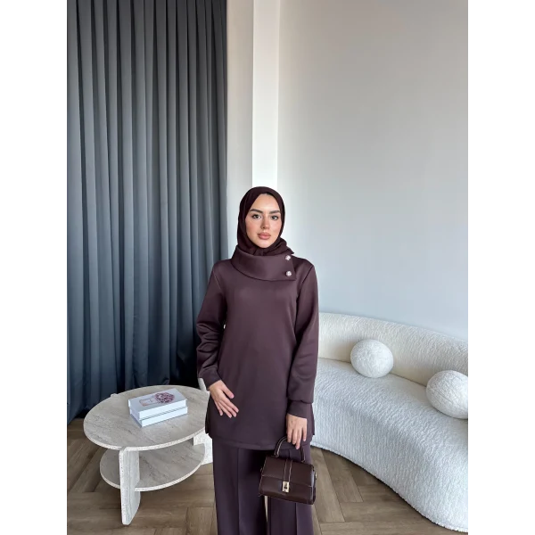 Btç-Freyi Gold Düğme Detay Scuba Takım - Kahve