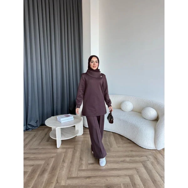 Btç-Freyi Gold Düğme Detay Scuba Takım - Kahve