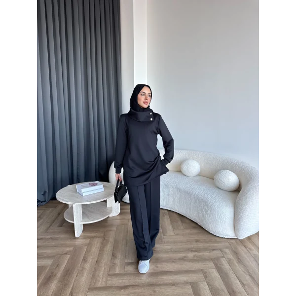 Btç-Freyi Gold Düğme Detay Scuba Takım - Siyah