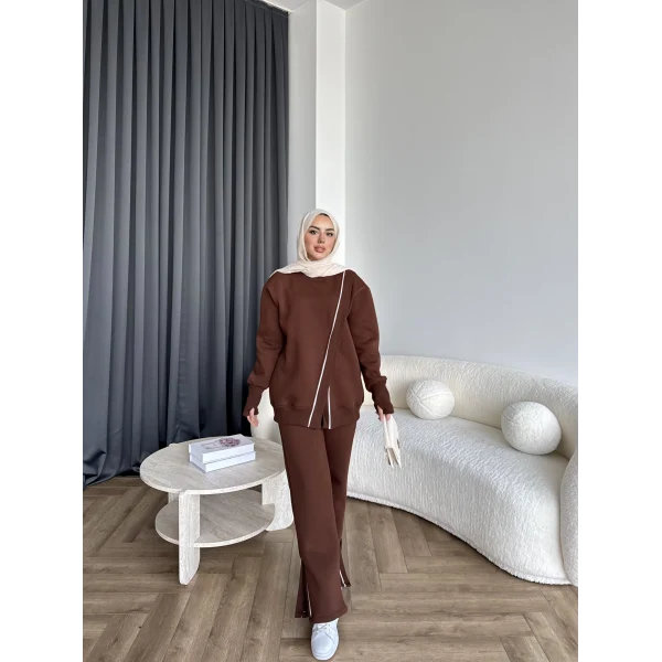 Btç-Suyn Şerit Detay 3 İplik Takım - Kahve