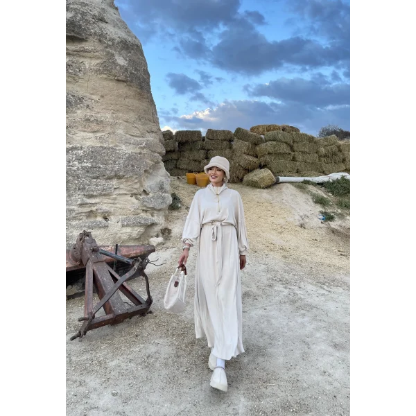 Cesla Fitilli Triko Elbise - Bej