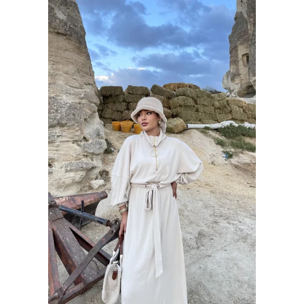 Cesla Fitilli Triko Elbise - Bej