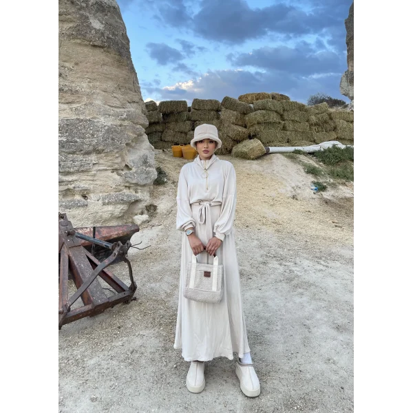 Cesla Fitilli Triko Elbise - Bej