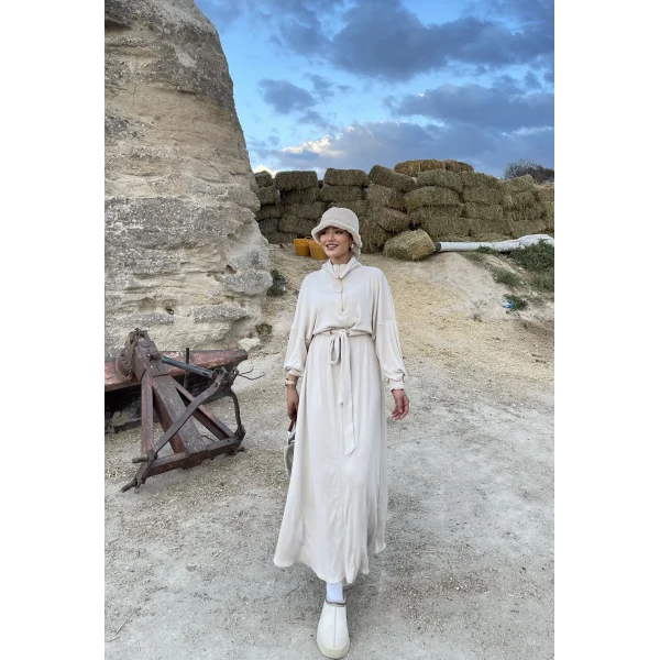 Cesla Fitilli Triko Elbise - Bej