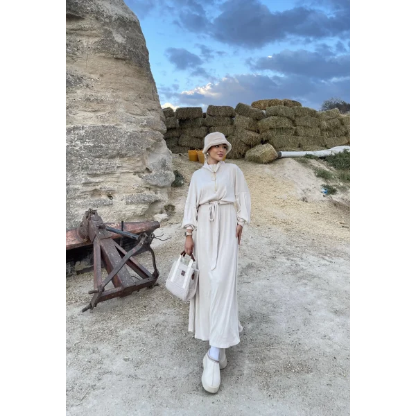 Cesla Fitilli Triko Elbise - Bej