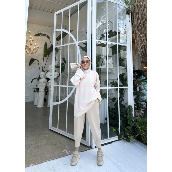 Çizgi Desen İspanyol Kol Triko Kazak - Pudra