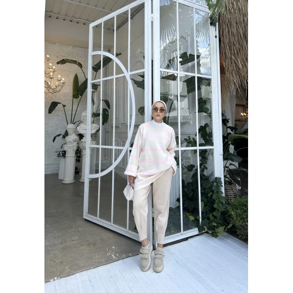 Çizgi Desen İspanyol Kol Triko Kazak - Pudra