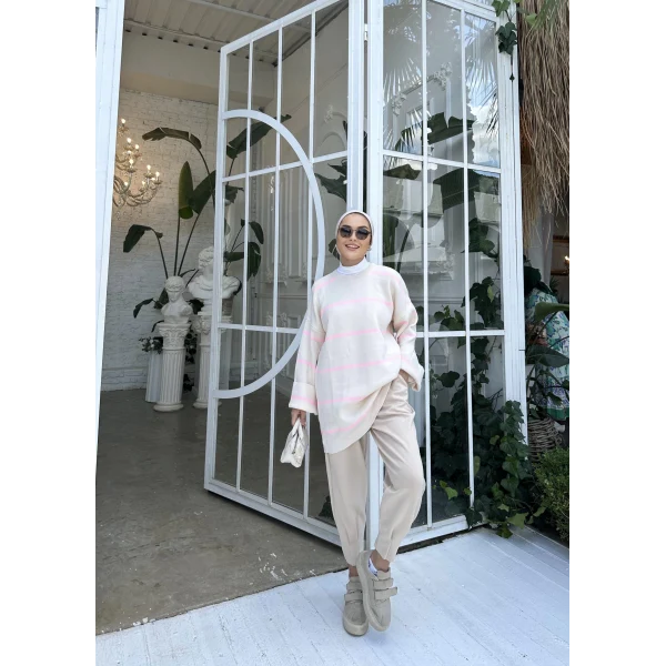 Çizgi Desen İspanyol Kol Triko Kazak - Pudra