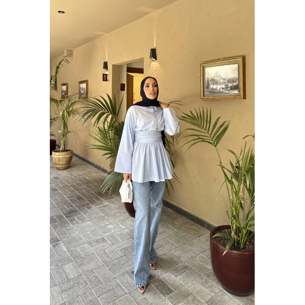 Çizgili Helina Bağlamalı Gömlek - Mavi