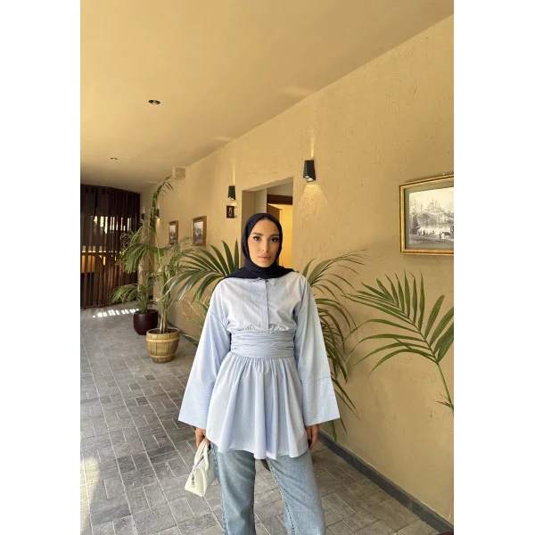 Çizgili Helina Bağlamalı Gömlek - Mavi