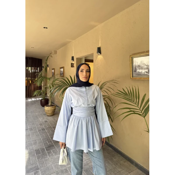 Çizgili Helina Bağlamalı Gömlek - Mavi