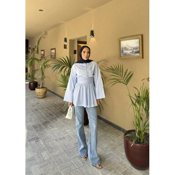 Çizgili Helina Bağlamalı Gömlek - Mavi