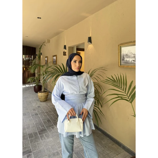 Çizgili Helina Bağlamalı Gömlek - Mavi