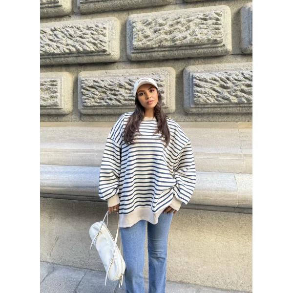 Çizgili Sweatshırt - Beyaz-Lacivert
