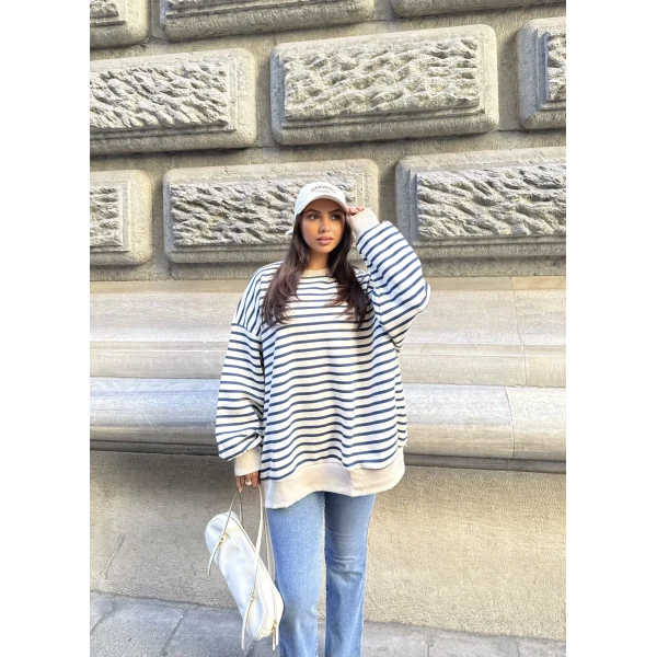 Çizgili Sweatshırt - Beyaz-Lacivert
