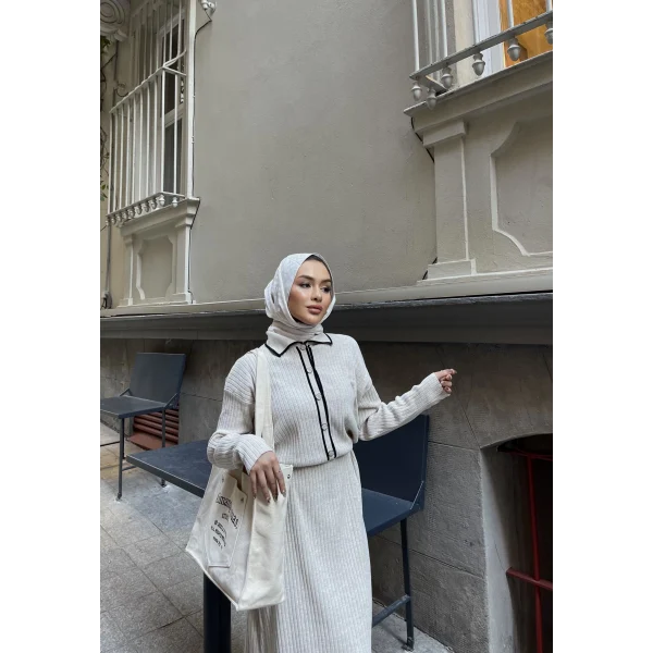 Dahsen Düğmeli Triko Elbise - Bej