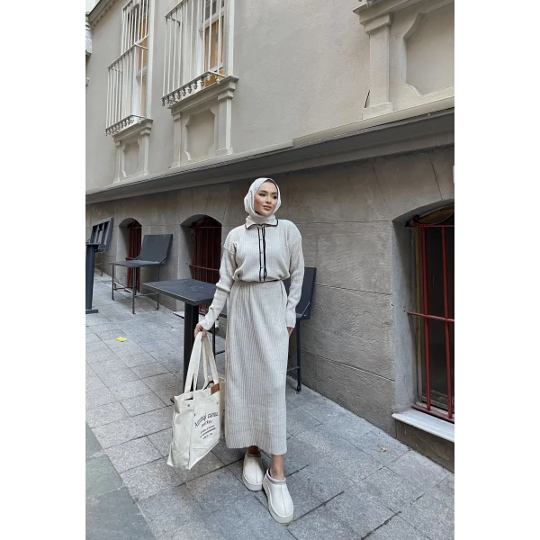 Dahsen Düğmeli Triko Elbise - Bej