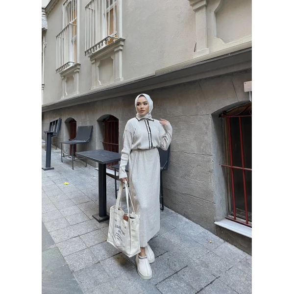 Dahsen Düğmeli Triko Elbise - Bej