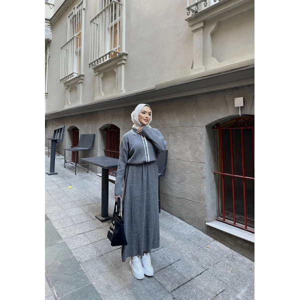 Dahsen Düğmeli Triko Elbise - Gri