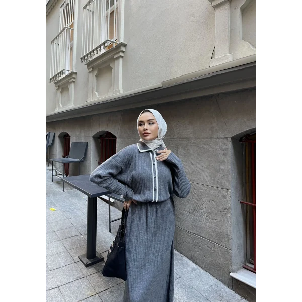 Dahsen Düğmeli Triko Elbise - Gri