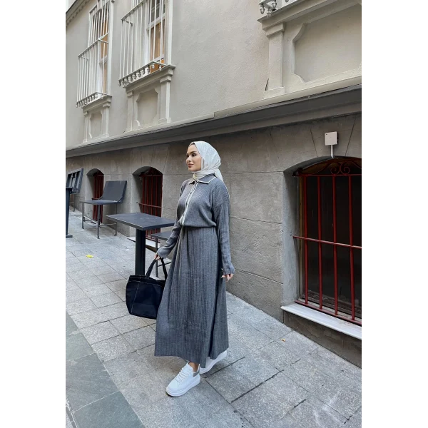 Dahsen Düğmeli Triko Elbise - Gri