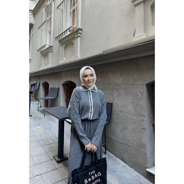 Dahsen Düğmeli Triko Elbise - Gri