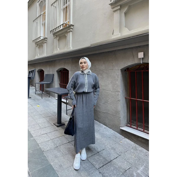 Dahsen Düğmeli Triko Elbise - Gri