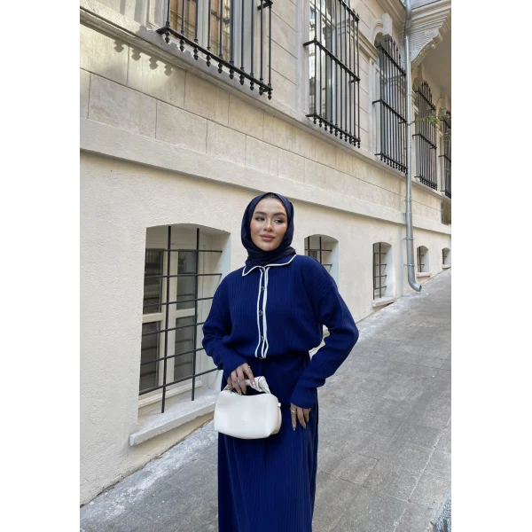 Dahsen Düğmeli Triko Elbise - Lacivert