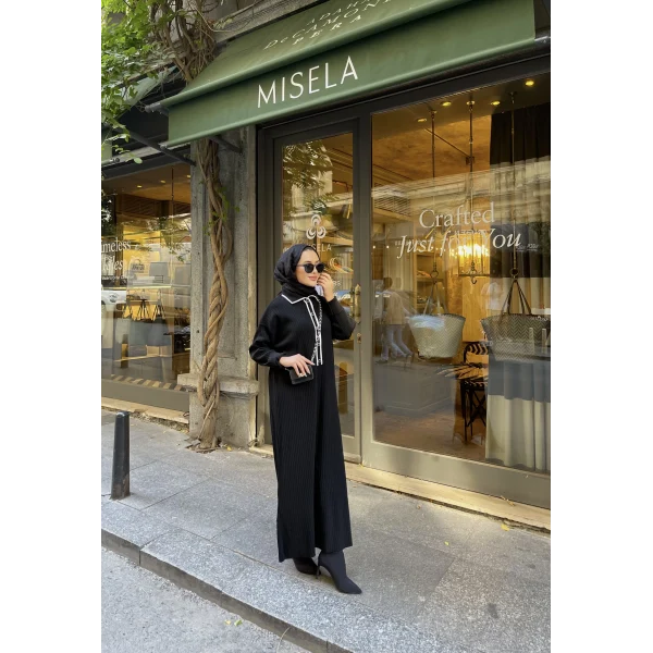 Dahsen Düğmeli Triko Elbise - Siyah