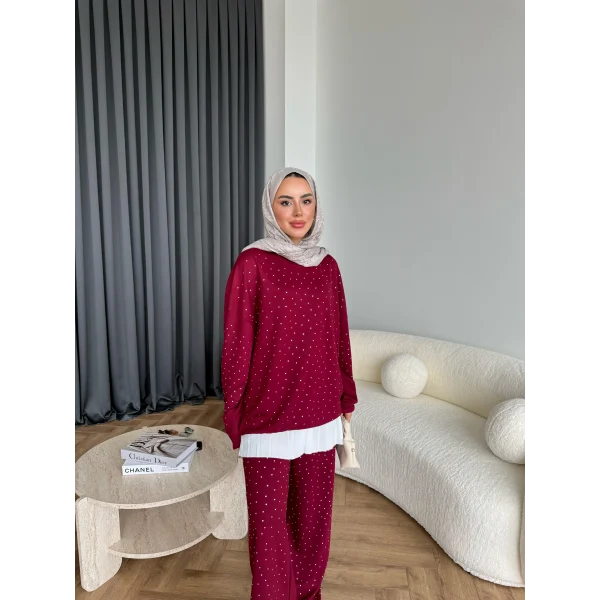 Derla Taş Detaylı Eşofman Takım - Bordo