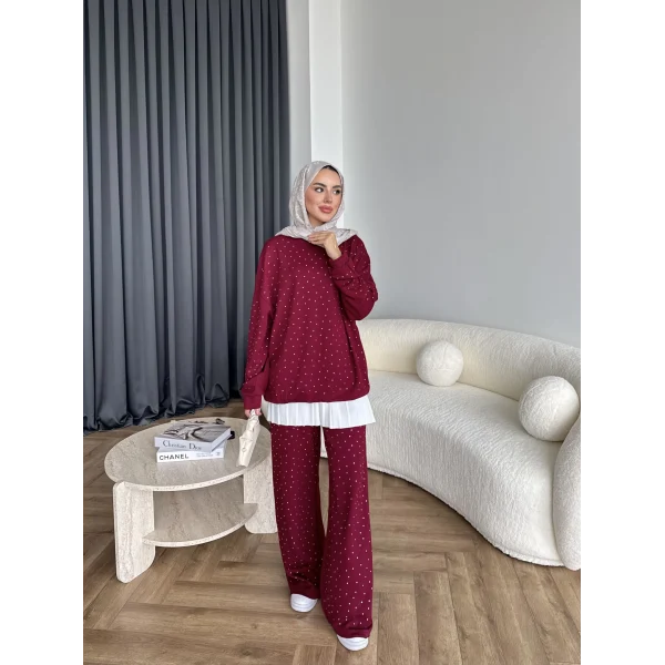 Derla Taş Detaylı Eşofman Takım - Bordo