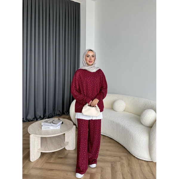 Derla Taş Detaylı Eşofman Takım - Bordo